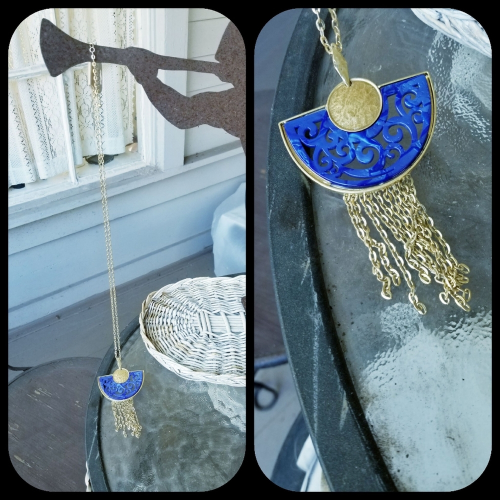 Boho Chic Filagree Resin Crescent Half Moon long chain Fringe statement necklace - Picture 9 of 11